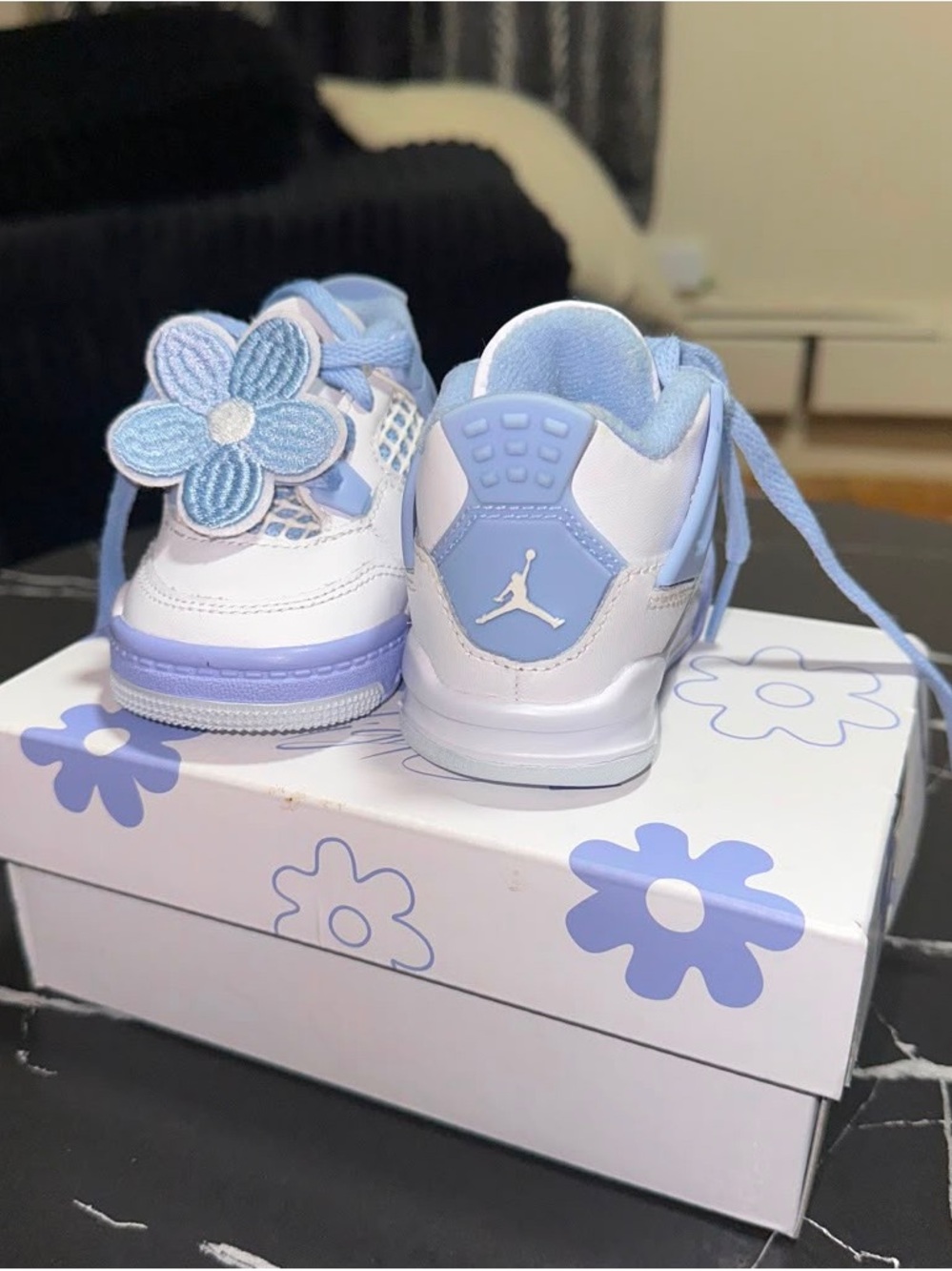 Jordan Kids' Sneakers in White and Light Blue with Floral Accent